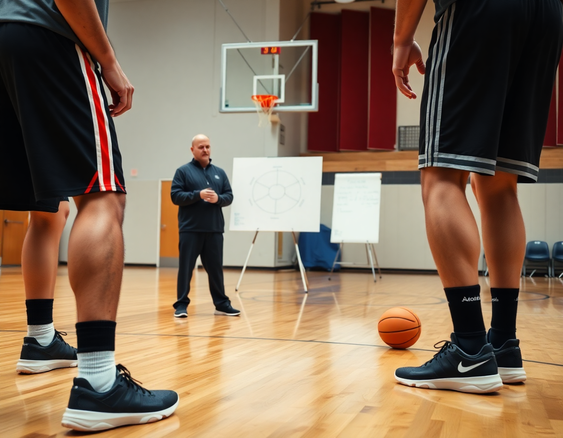 Plan serré sur deux joueurs en défense pendant un entrainement defense basket, l'entraîneur pointe le tableau.