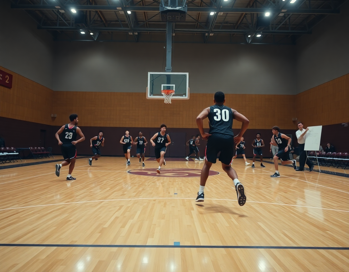 Plan large: des joueurs de basket défendent vite, le coach montre entrainement defense basket sur le tableau.