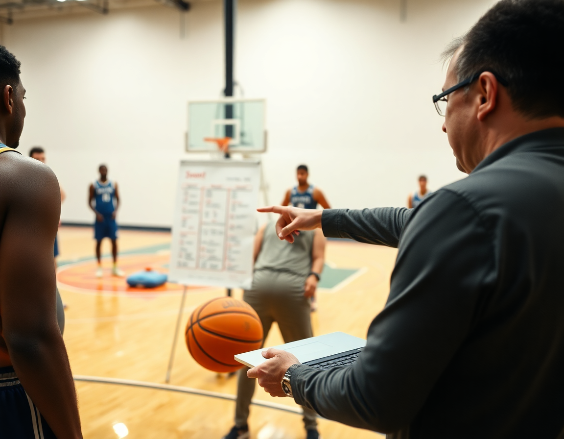 Plan moyen: un entraîneur consulte des clips, des joueurs de basket regardent, entrainement defense basket.
