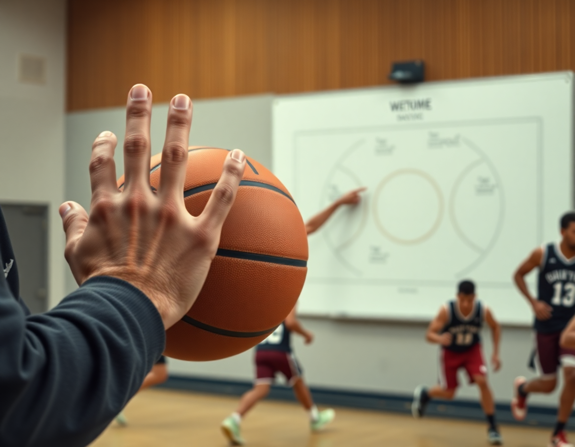 Plan rapproché des mains sur un basketball; entrainement defense basket u11 au tableau.