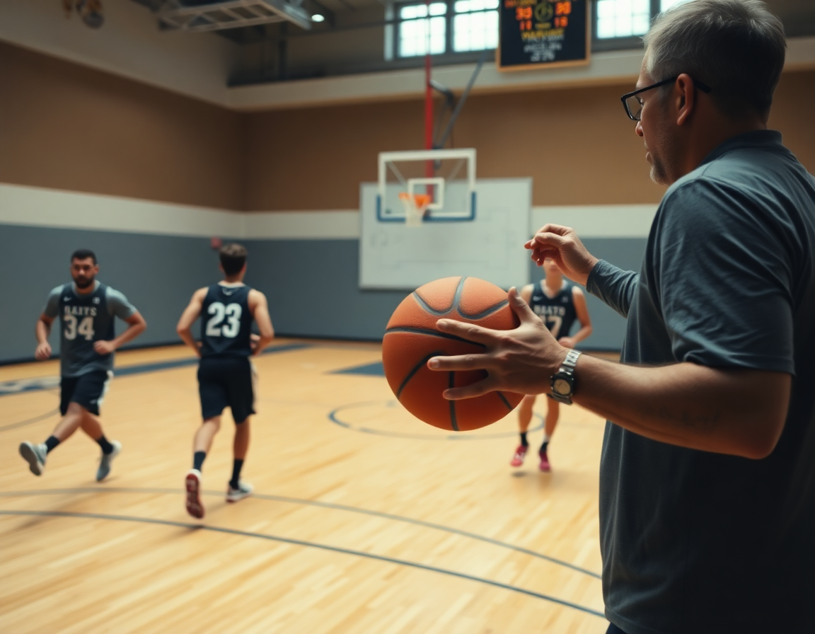 Plan rapproché sur la balle et les mains durant une passe pendant que entraineur basket féminine nigeria coordonne.