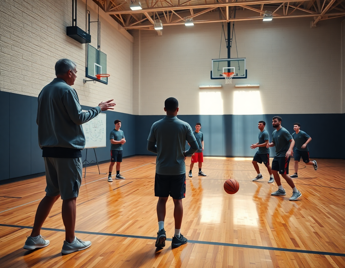 Plan serré sur entraineur basket landes dirigeant un exercice dynamique sur le terrain.