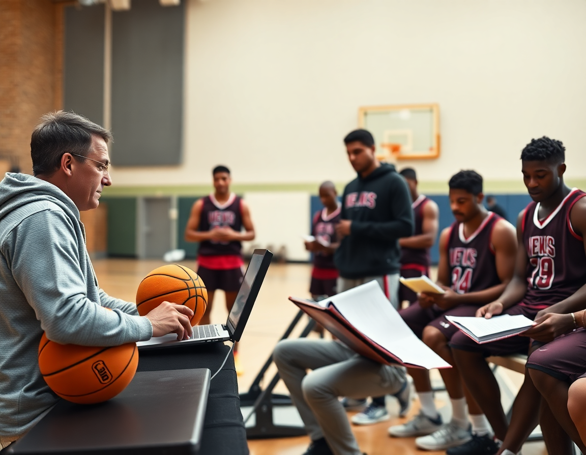 Entraineur basket le havre organise des contenus sur ordinateur près d'un terrain de basketball.