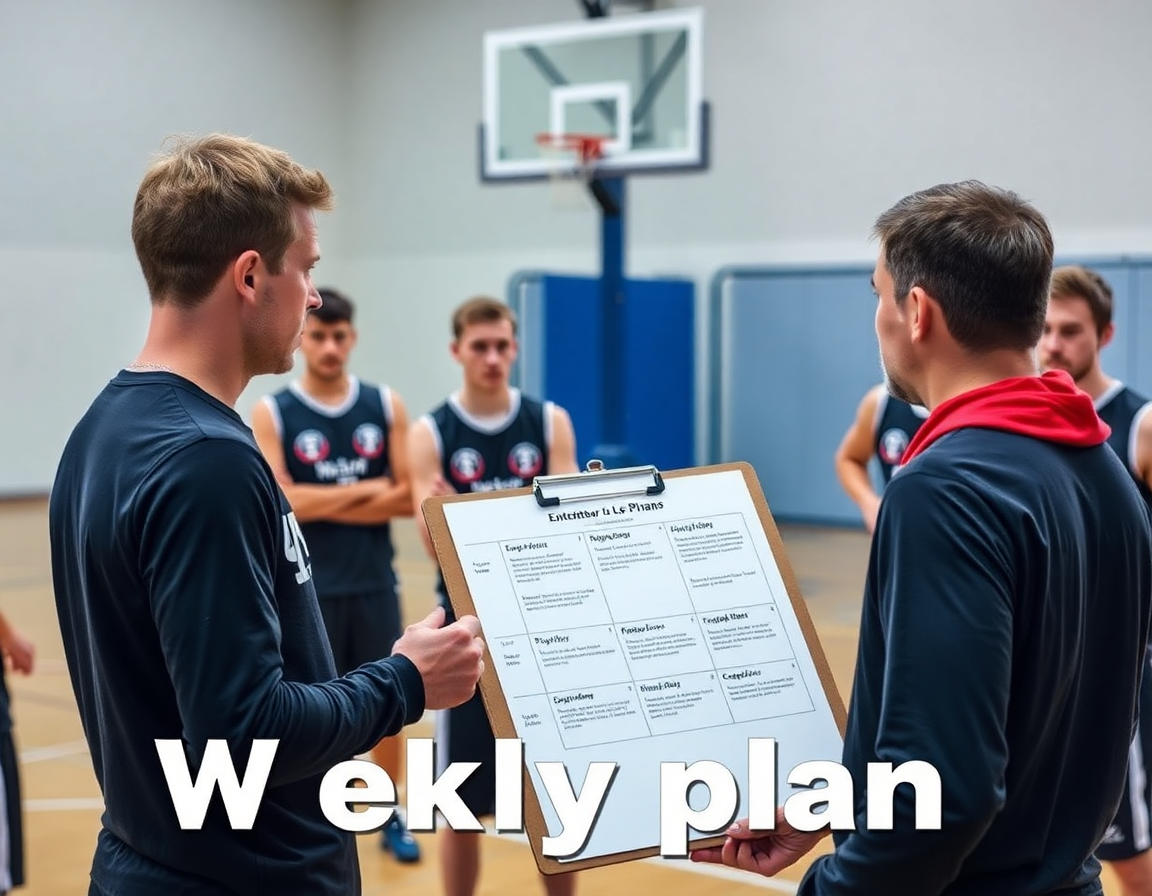 Plan hebdomadaire: entraineur basket le mans explique les objectifs et priorités sur un clipboard devant les joueurs.