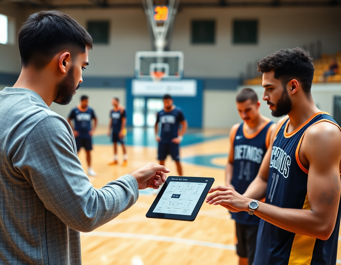 Planification des séances et bibliothèque d'exercices: entraineur basket le mans consulte les fiches sur tablette.