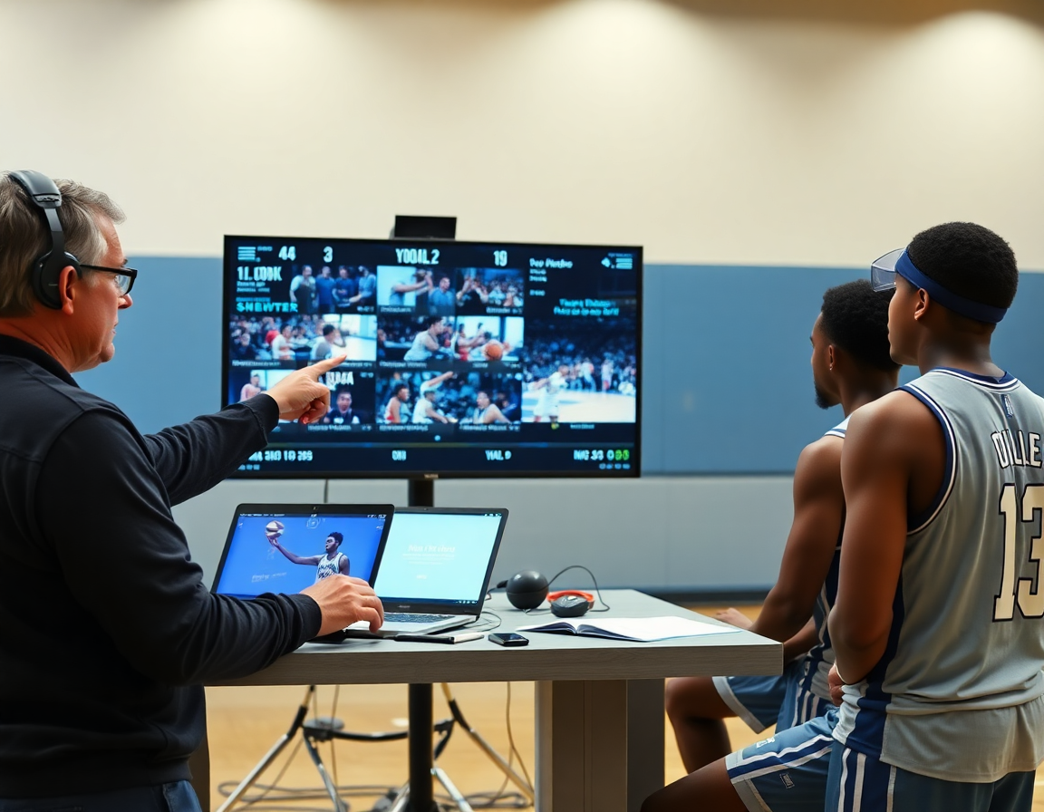 Gestion des vidéos et organisation: entraineur basket le mans montre des extraits sur grand écran après l'entraînement.