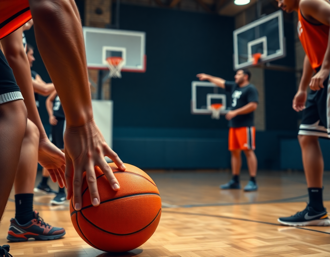 Gros plan sur les mains et le ballon de basketball pendant un basketball drill, entraineur basket monaco dirige.