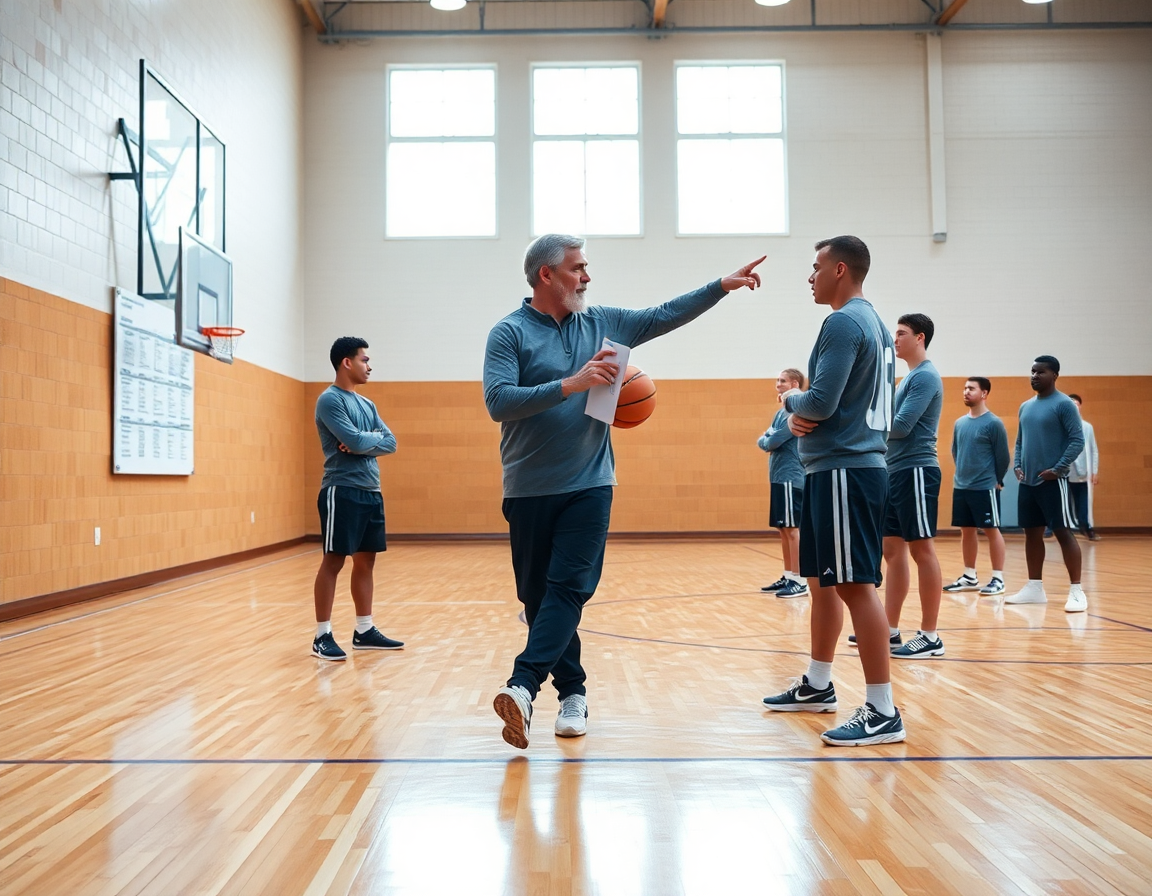 Checklist hebdomadaire pour un entraineur basket: un entraineur basket saint quentin dirige l'échauffement des joueurs.