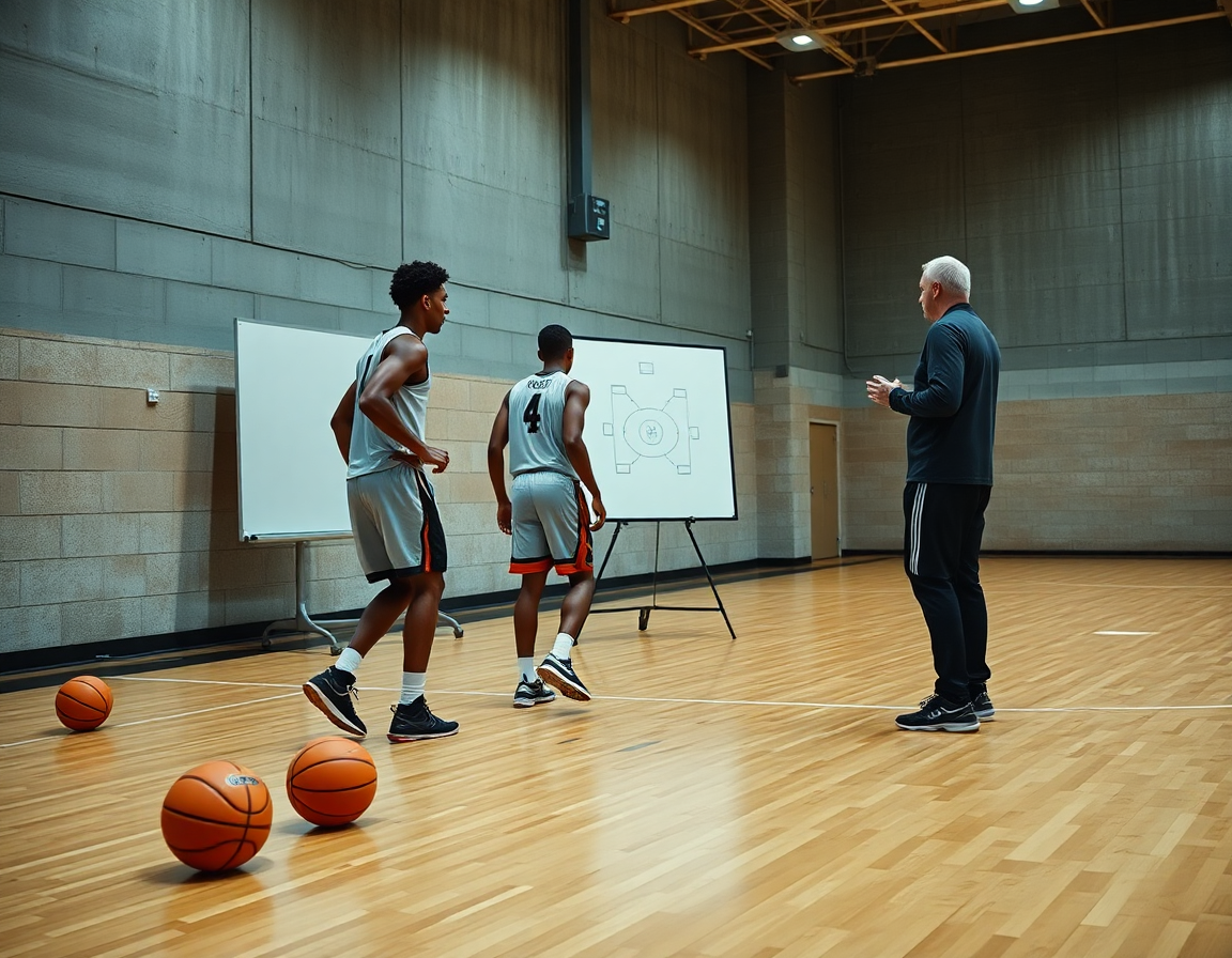 Entraineur basket u13 observe une séance concentrée près du tableau des jeux.