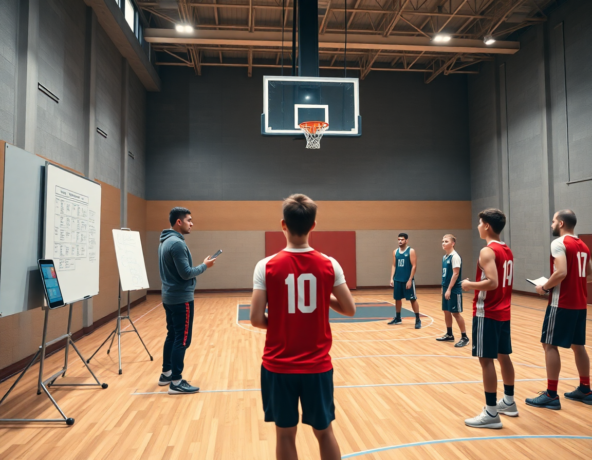 entraineur basket u13 coordonne une séance structurée autour d'un plan et d'un écran.