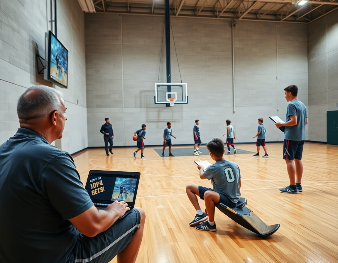 entraineur basket u13 et scout analysent des clips sur un écran pendant que les joueurs s'échauffent.