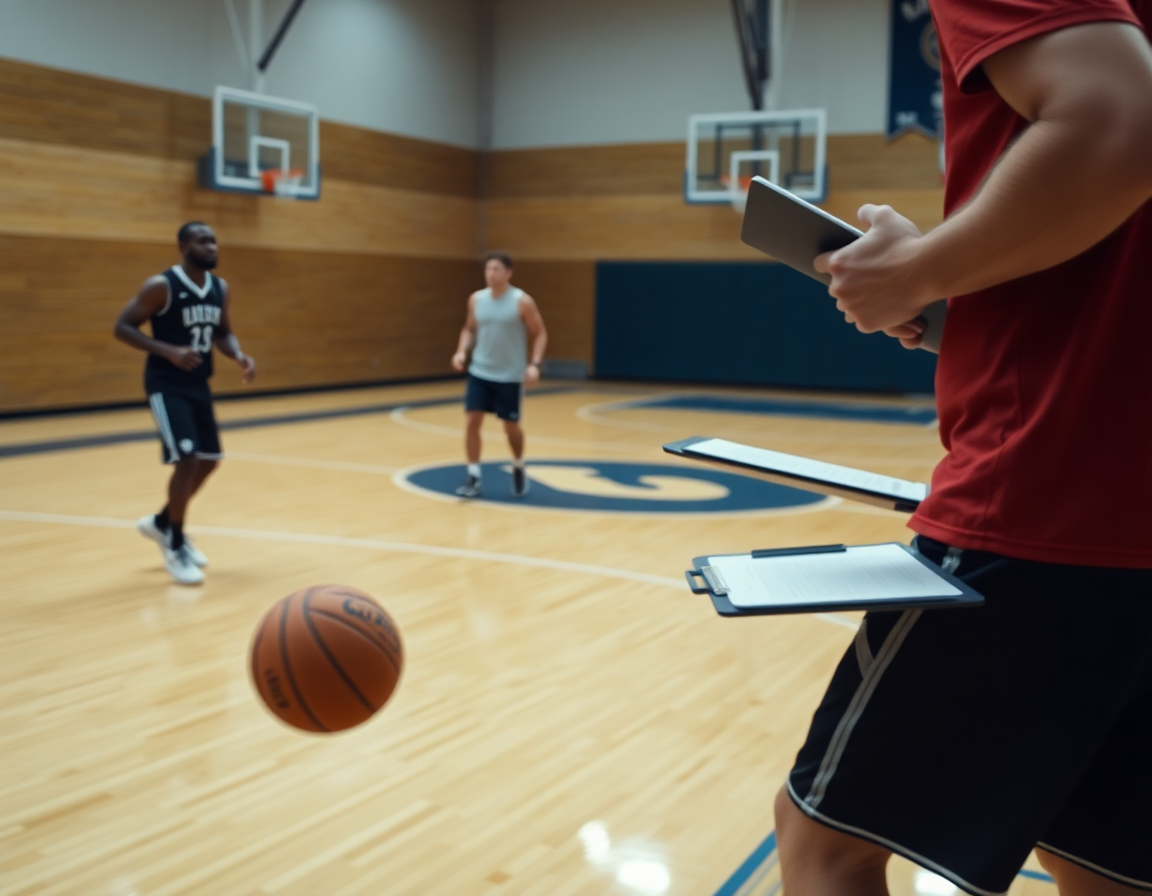 Exercice ailier basket: dribble rapide et coupe depuis l’aile sur le terrain de basket.