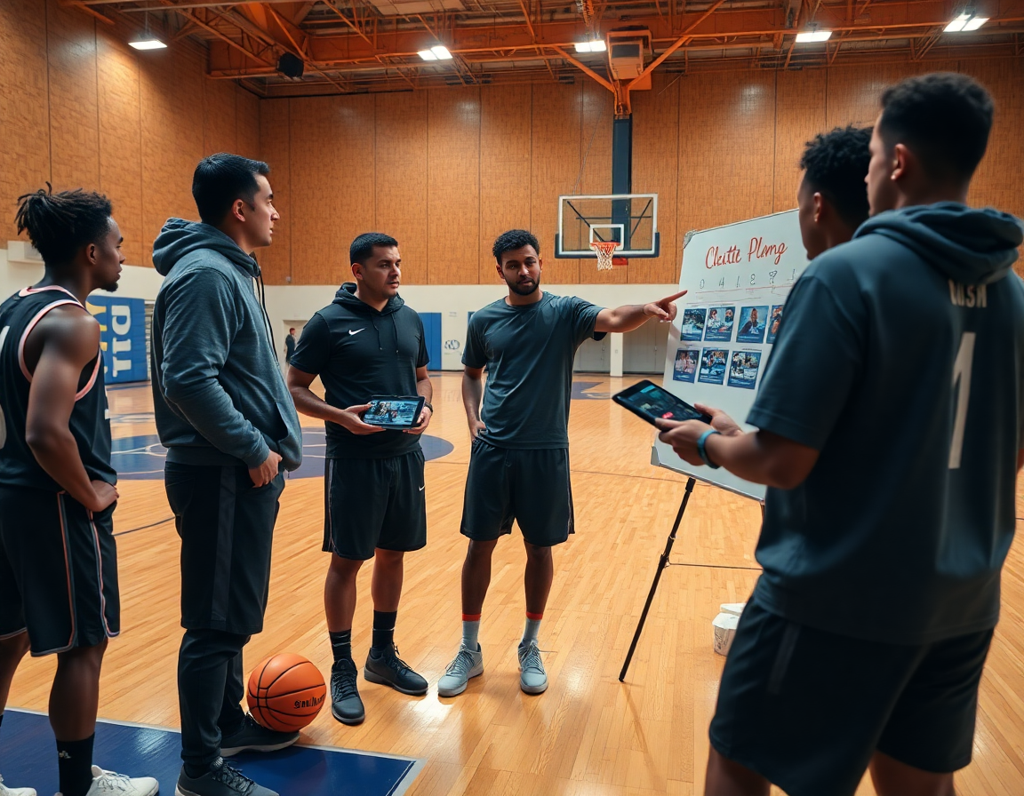 Plan serré sur le coach expliquant l’exercice attaque basket avec un tableau et des clips vidéo.