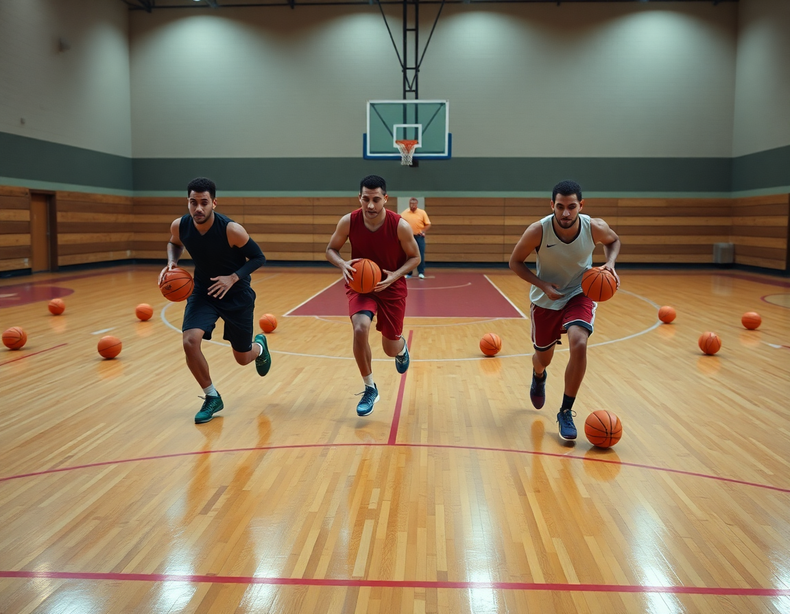 Un exercice attaque basket en réseau de circuits, dribbles, passes et écrans, sur le terrain.