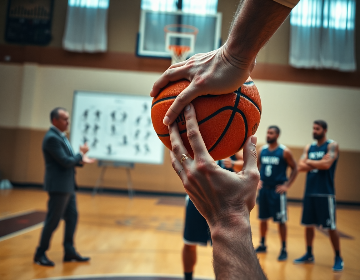 Plan serré sur le ballon et les mains en action; exercice attaque basket u13 en progression.