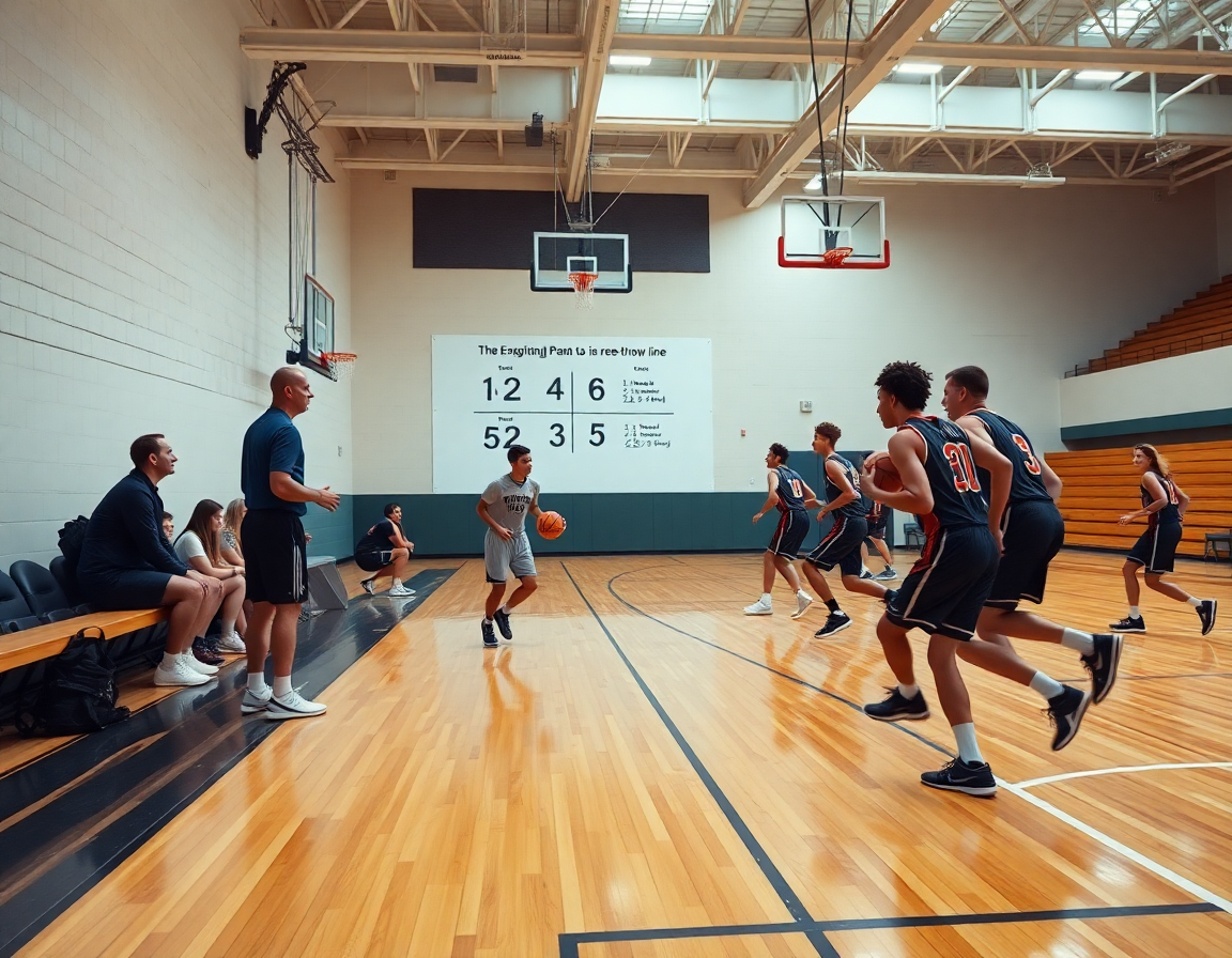 Plan large d’un drill collectif; exercice attaque basket u13, passes et coupe visibles.