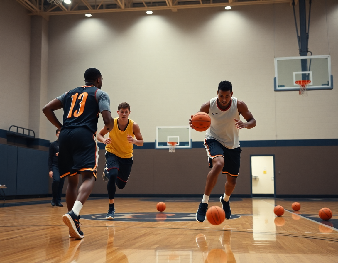 Deux joueurs pratiquent un exercice rapide sur le court basketball, sous la supervision du coach.