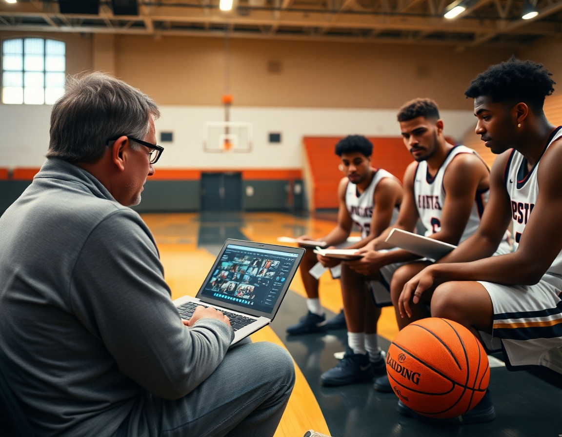 Examen des rapports adverses et exercice attaque de défense basket lors d'un entraînement basketball.