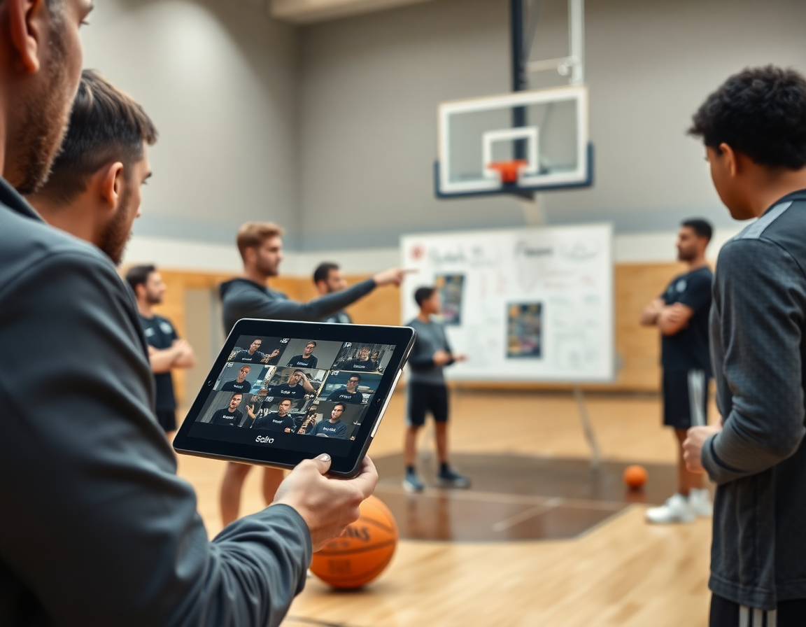 Premier plan sur un coach montrant des clips de basketball sur une tablette pendant l'entraînement.