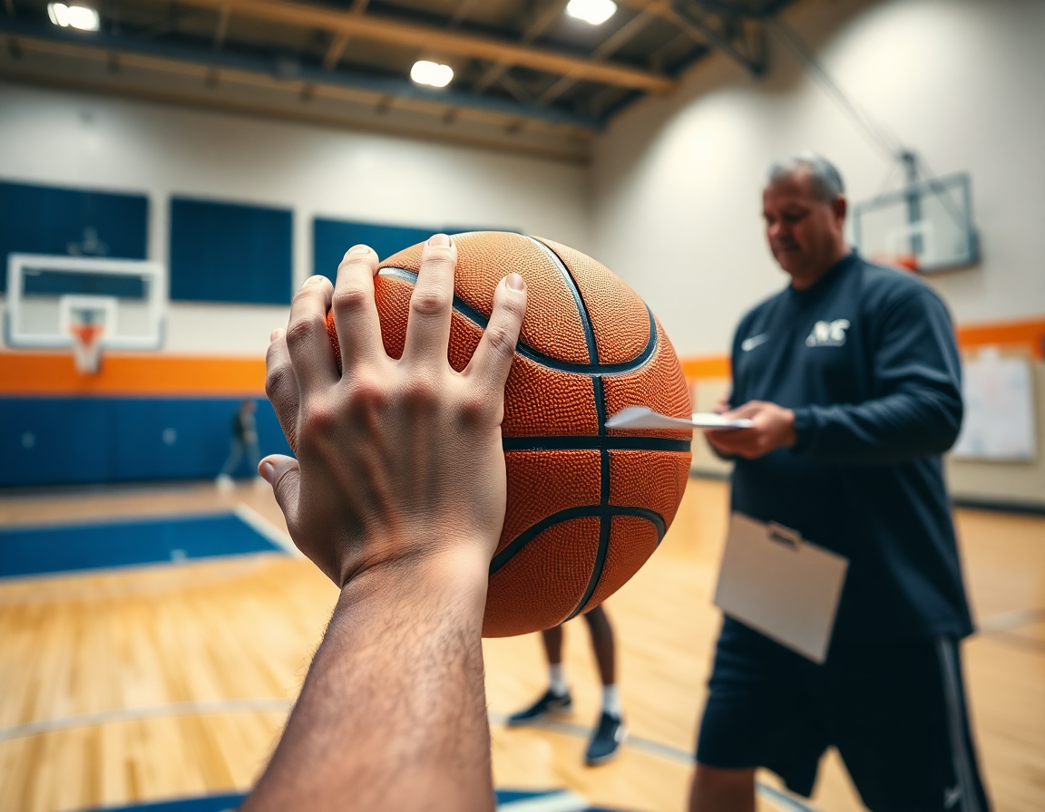 Plan serré sur les mains sur le ballon de basketball près de la clé pendant exercice basket attaque.