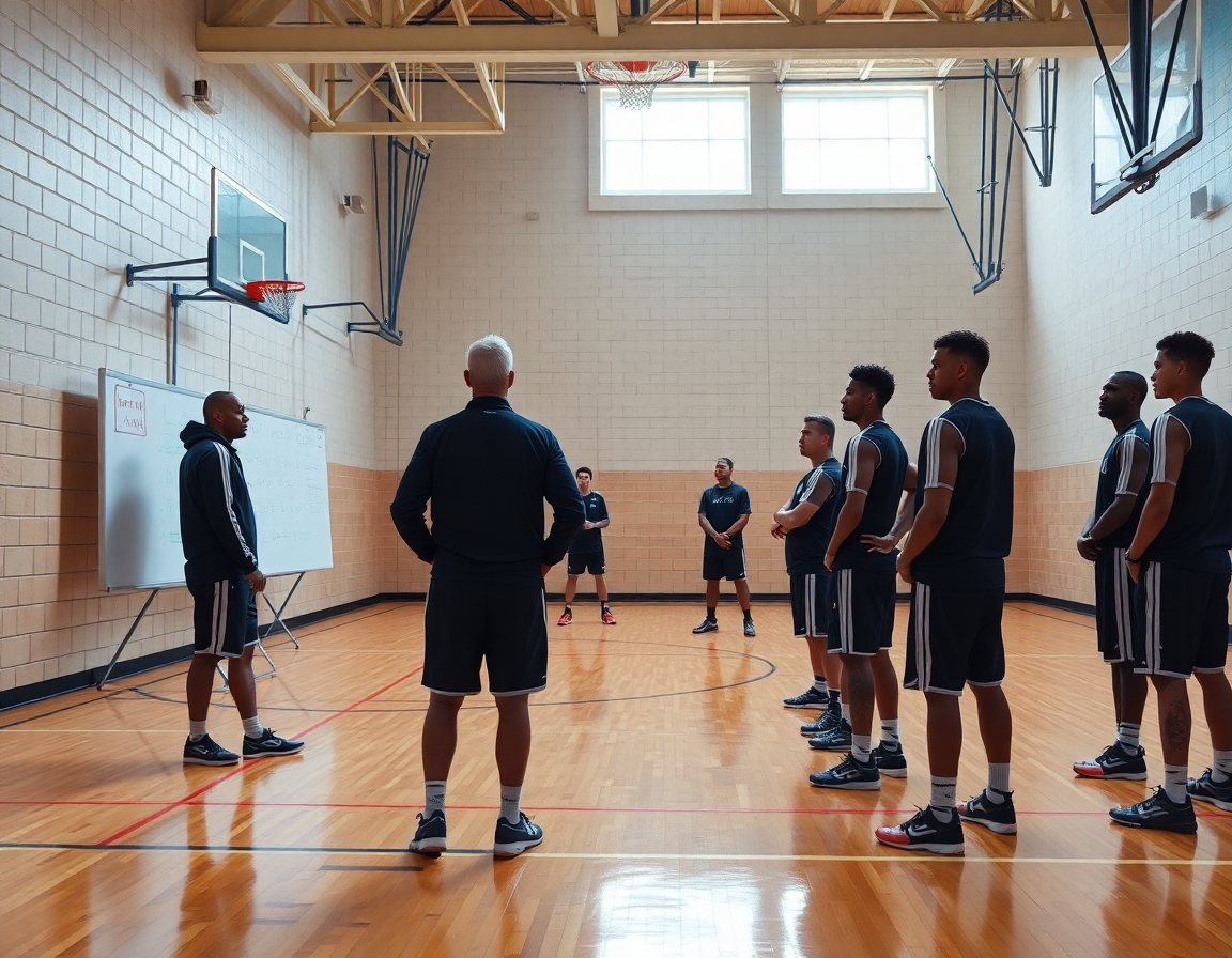 Le coach utilise un tableau blanc pour les rotations et le mouvement du ballon pendant exercice basket attaque.