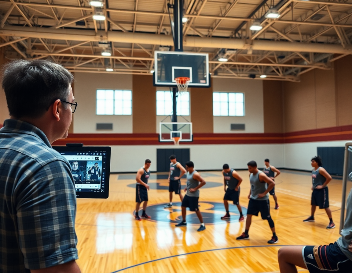 Revue des clips de basketball sur ordinateur portable pour l'équipe, coaching et scouting pendant exercice basket attaque.
