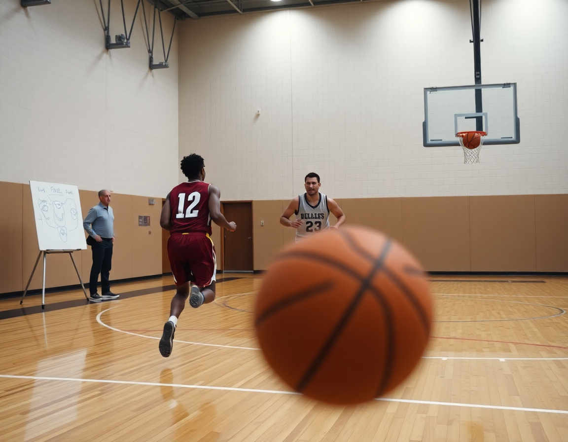 Exercice basket attaque rapide en mouvement, transition rapide sur tout le terrain du gymnase.