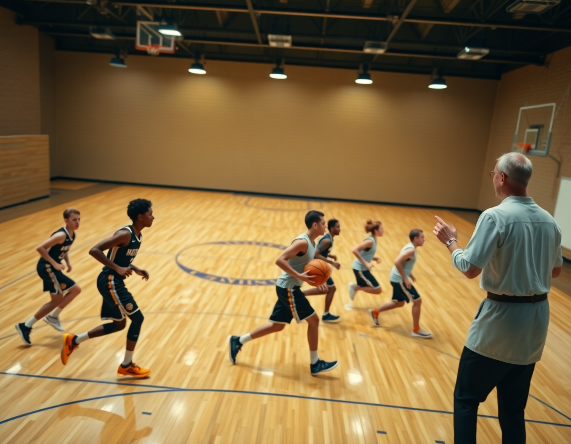 Exercice basket attaque rapide en mouvement, transition rapide sur le terrain du gymnase.