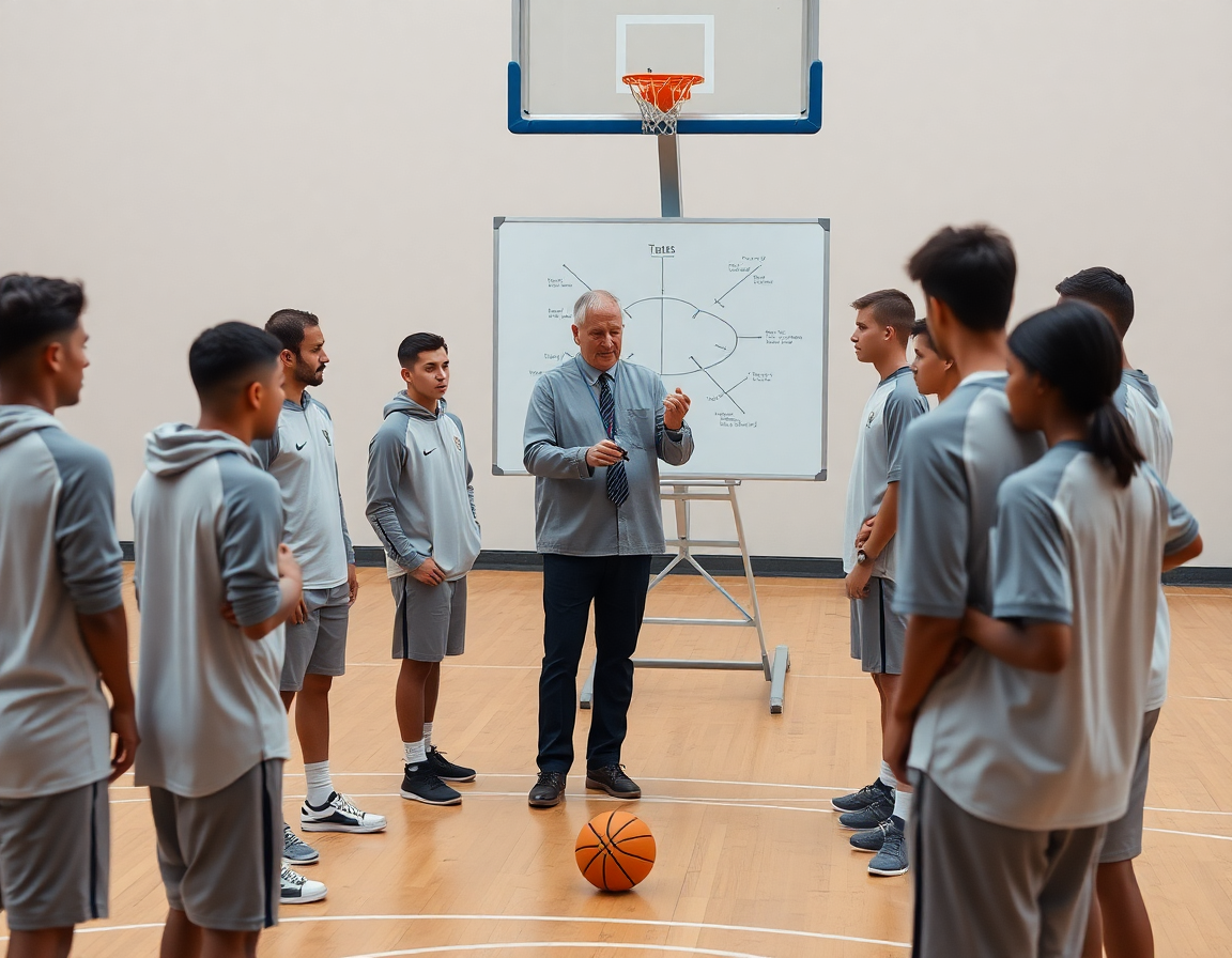 Plan moyen sur l'entraîneur avec tableau blanc, démontrant l'exercice basket attaque de zone dans le gymnase.