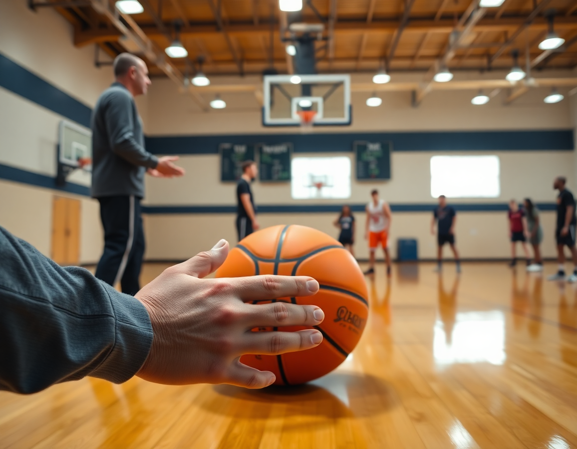 Exercice basket collectif: gros plan sur les mains et le ballon orange pendant une progression de drills.