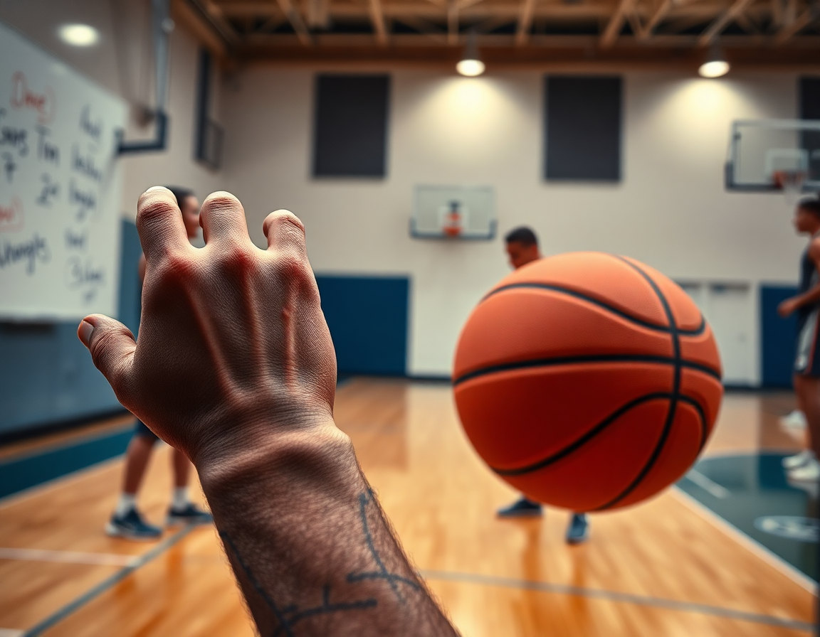 Exercice basket contre attaque: gros plan sur les mains et le ballon sur le terrain basketball.