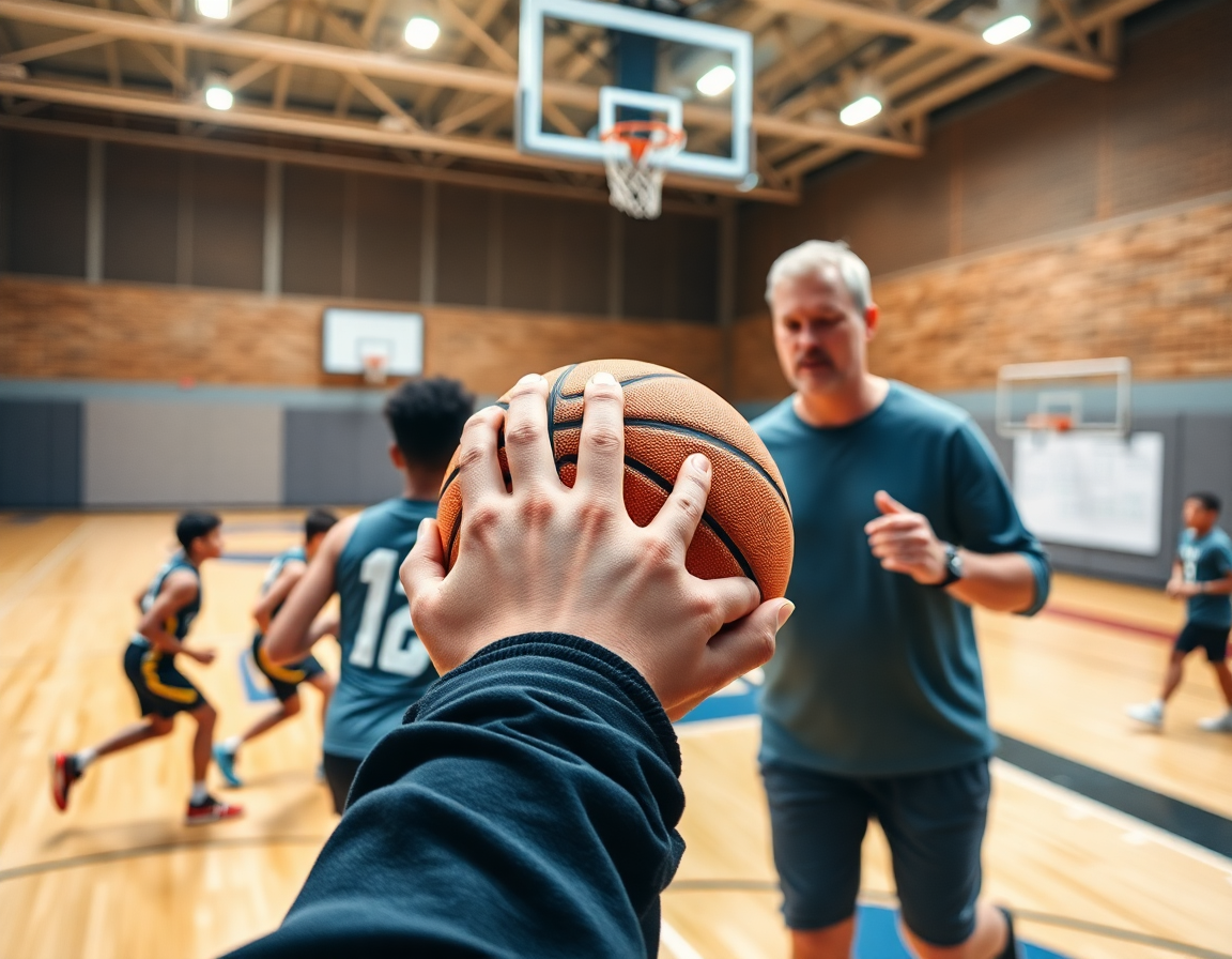 Dispositif d'entraînement: exercice basket contre attaque en action, joueurs et coach coordonnent les passes.