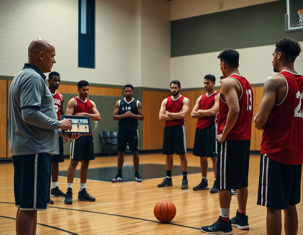 Coach présente des clips vidéo sur tablette pour l'exercice basket défense sur non porteur.