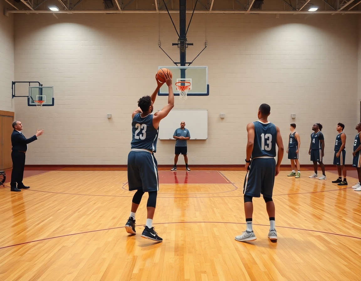 Deux joueurs près de la ligne à trois points exécutent un exercice basket en salle, progression coach.