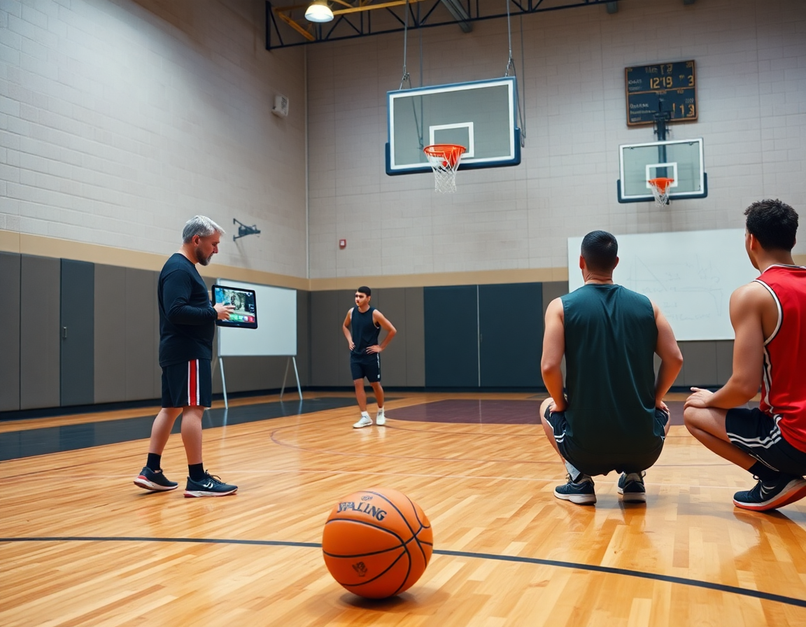 Équipe observe la vidéo et le whiteboard pour progresser dans l'exercice basket en salle.