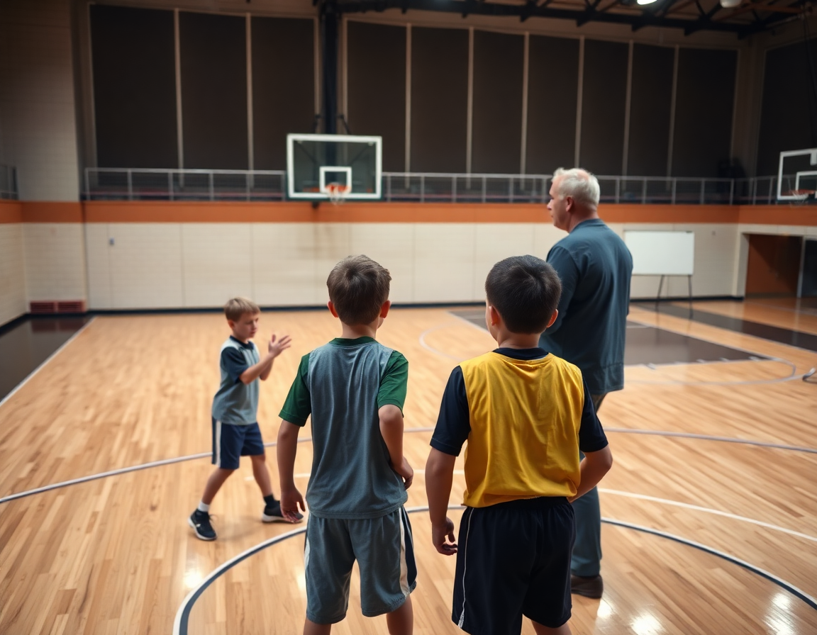 Exercice basket pour enfant en séance rapprochée avec coach et ballon sur le terrain.