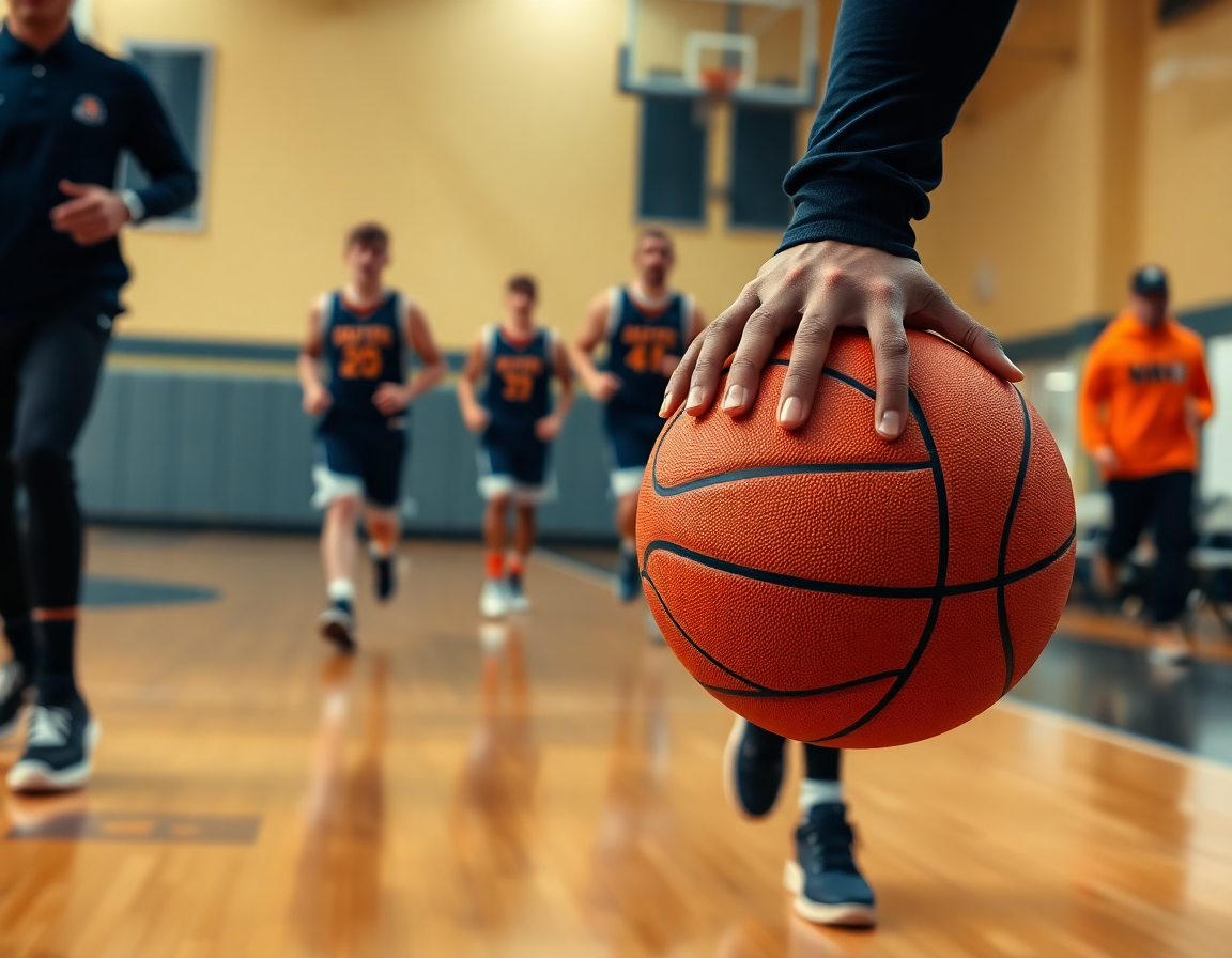 Gros plan sur les mains tenant un ballon orange pendant un exercice basket pour enfant.