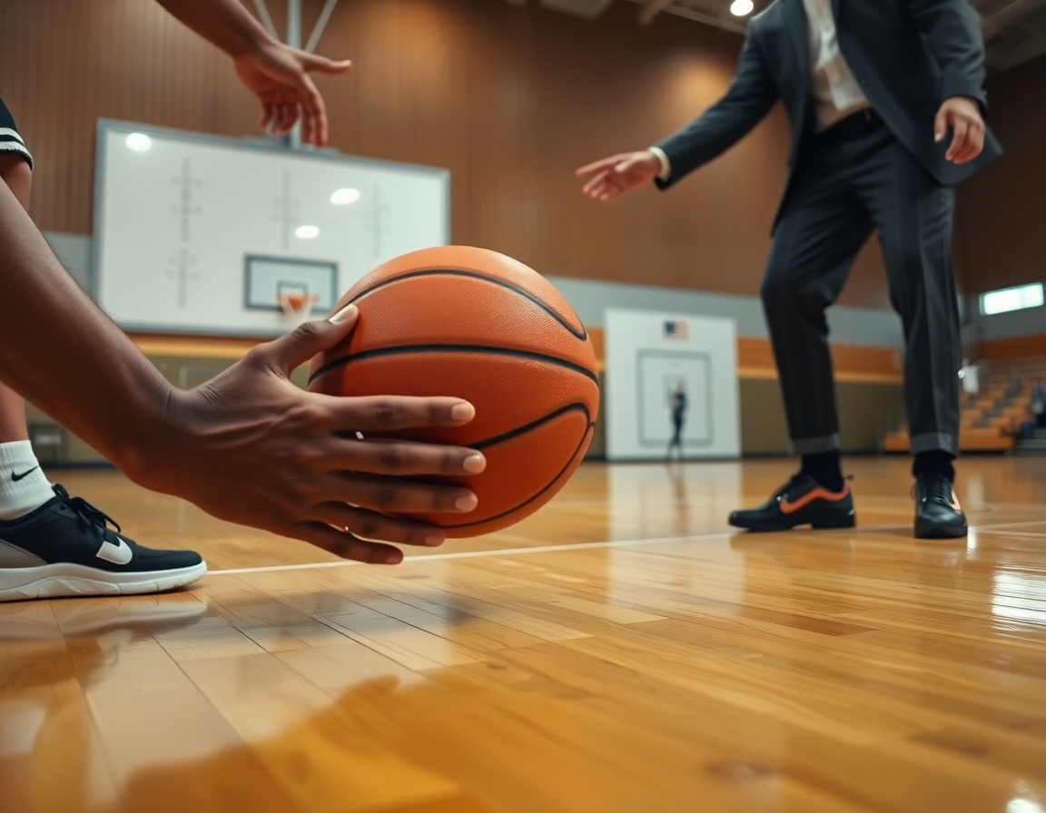 Exercice basket jeune gros plan sur les mains et le ballon orange, l'entraîneur pointe vers le tableau.
