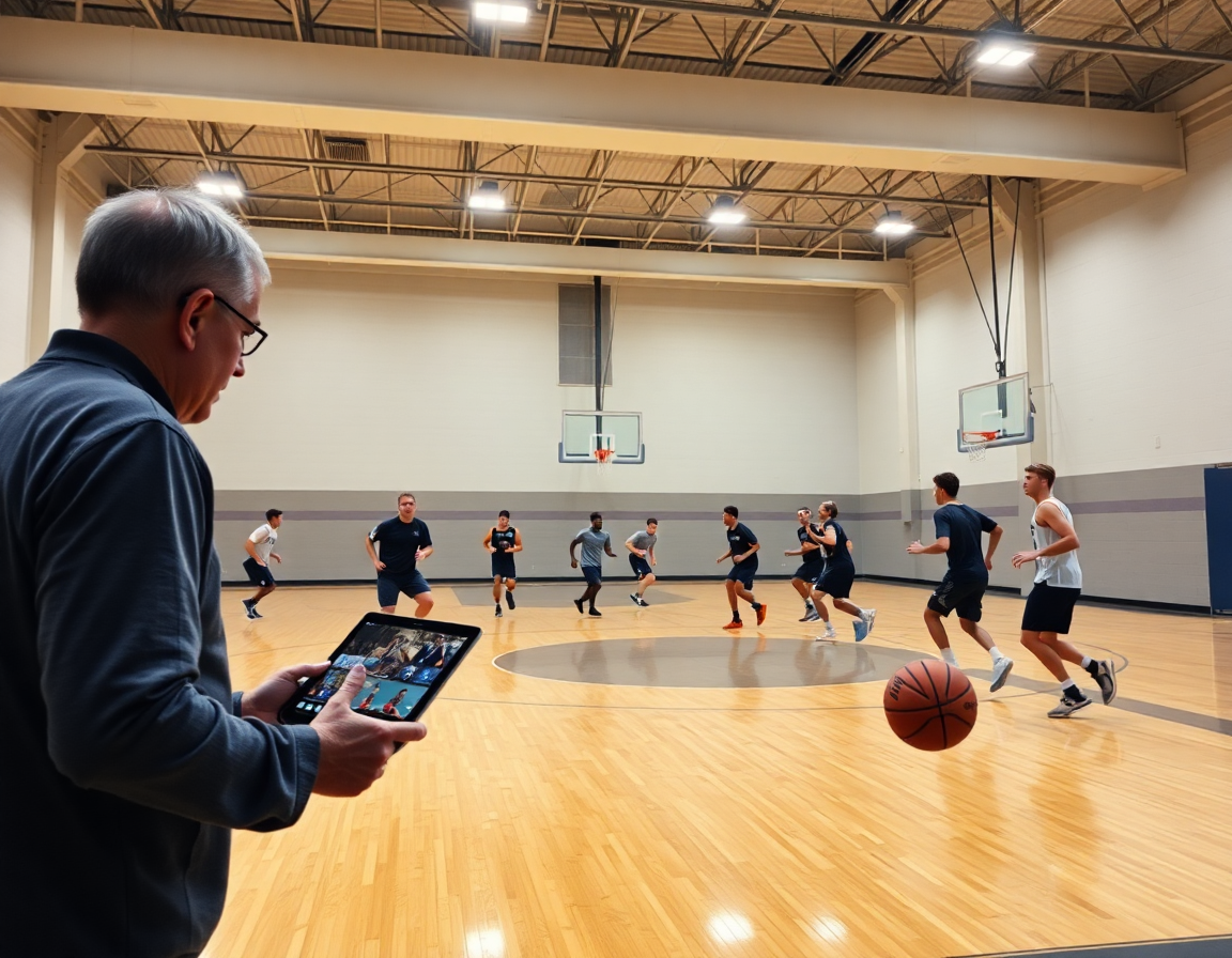 Exercice basket jeune analyse rapide des clips sur tablette, coach et joueurs pendant la séance.