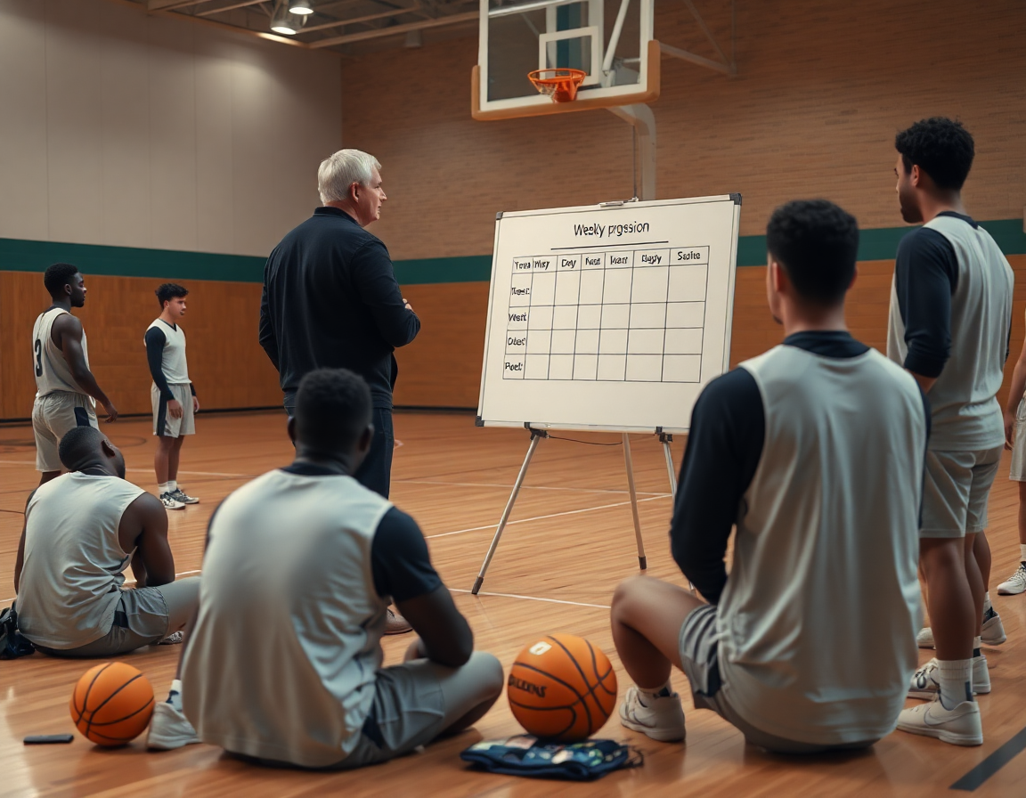 Plan serré sur le coach expliquant une progression d'exercice basket mini poussin devant le groupe.