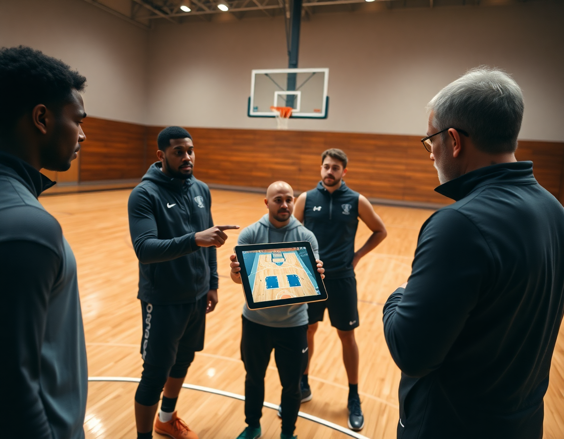 Analyse des passes pendant un exercice basket passe sur tablette pendant que les joueurs regardent.