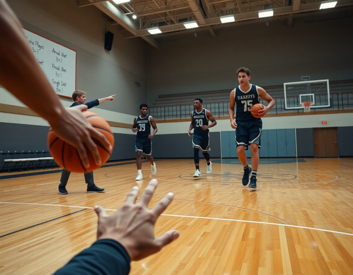 Plan serré sur deux joueurs exécutant un exercice basket pdf sur le terrain.
