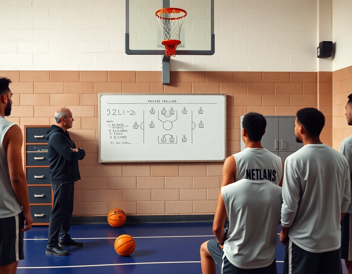Le coach présente un exercice basket pdf sur le mur pendant l'entraînement.