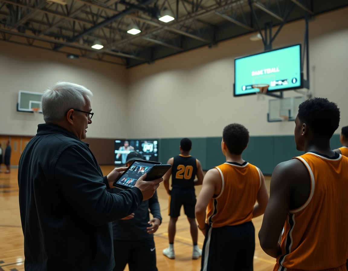Le coach analyse des clips de scouting sur tablette pendant que l'équipe consulte le fichier exercice basket pdf.