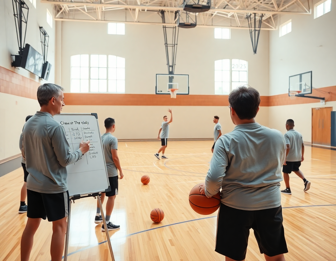 exercice basket: plan hebdomadaire de drills présenté par le coach sur le terrain.