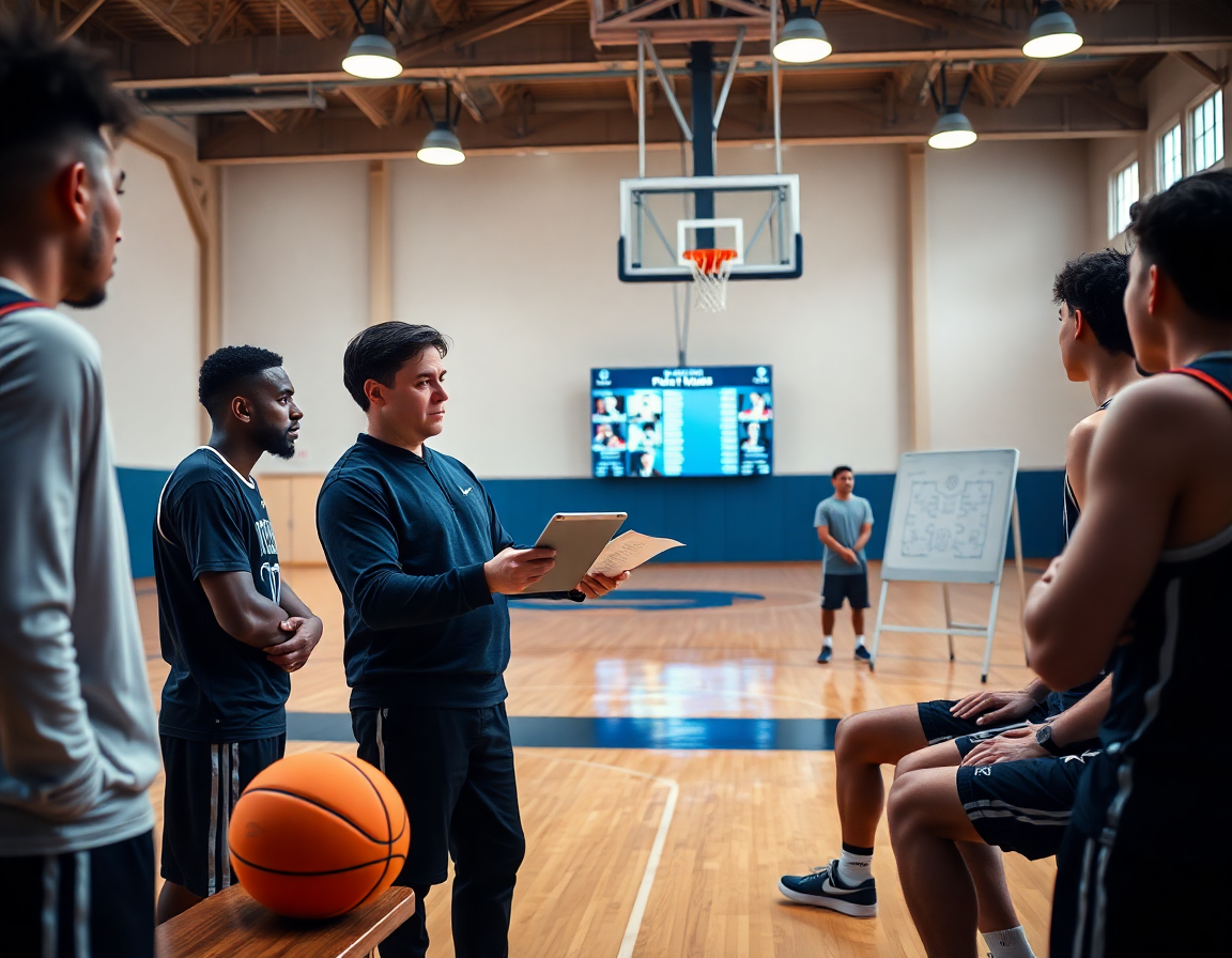 exercice basket: revue des clips et plays pour l'équipe sur le banc.
