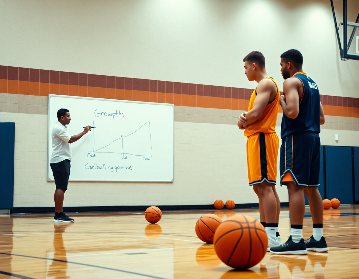 exercice basket pour grandir: gros plan sur le coach et le tableau blanc pendant l'entraînement.