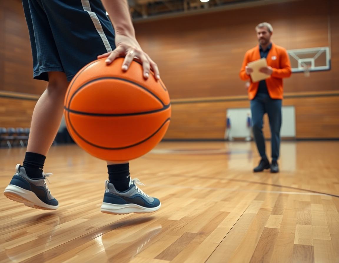 Exercice basket pour u9 sur un banc, coach utilise le tableau pour expliquer une passe.