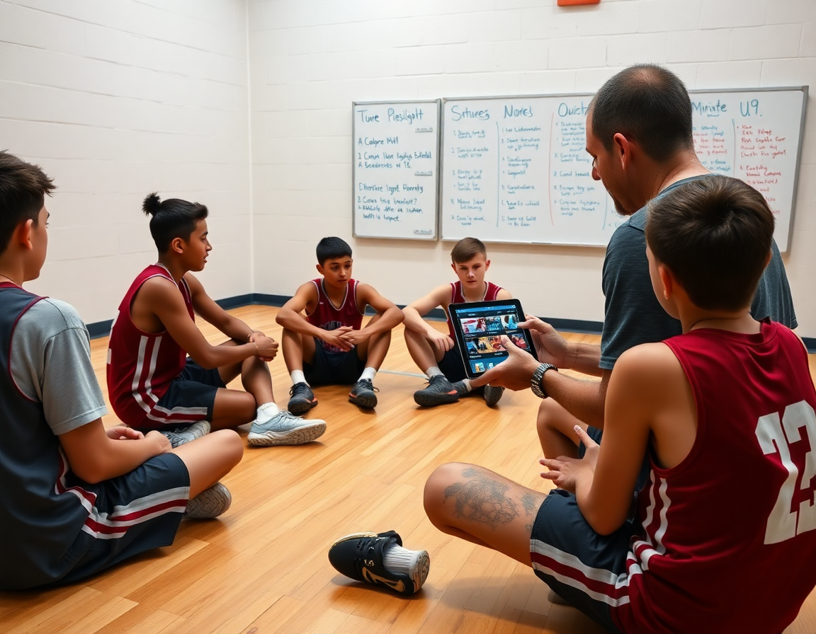 Exercice basket pour u9: le coach partage des clips sur tablette et discute des playlists.