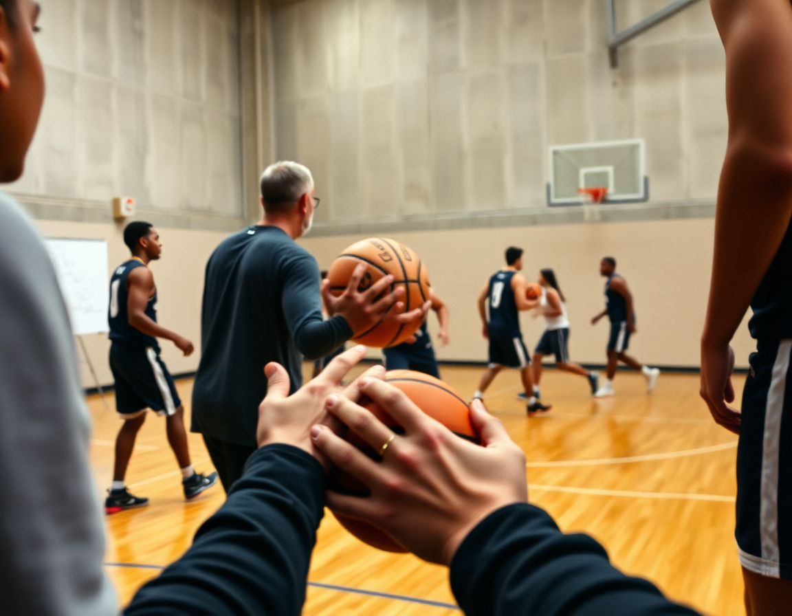 Gros plan sur les mains et le ballon lors de l’exercice basket remise en jeu, geste clé.